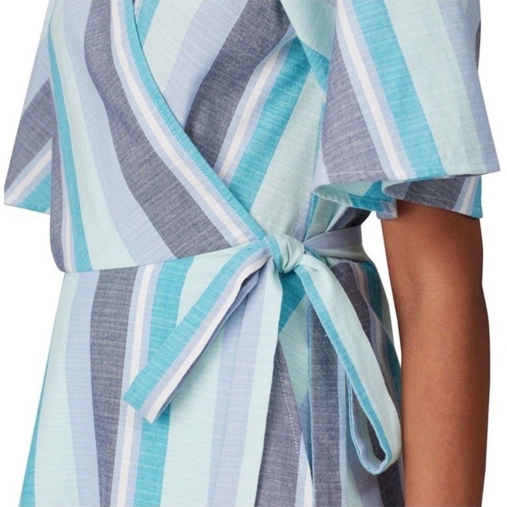 B Collection by Bobeau Orna Wrap Dress Blue Striped Midi Sleeveless M - Picture 4 of 12